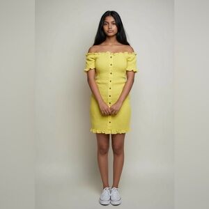 Prettylittlething Yellow Smocked Off-Shoulder Cotton Dress - Size 8
